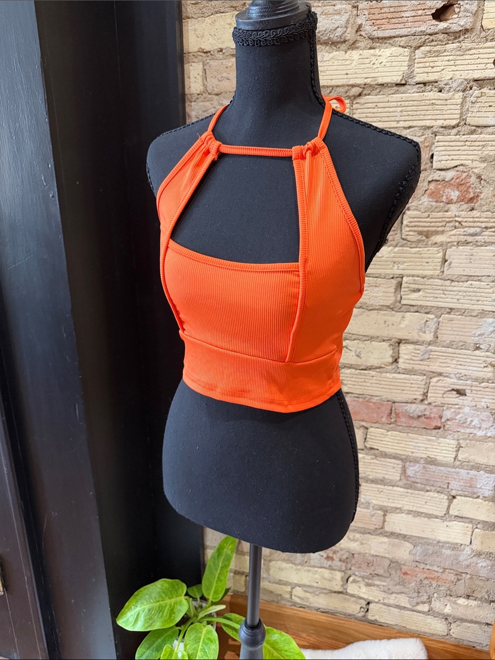 🍊 SHEIN Orange Ribbed Cutout Halter Crop Top – Size Medium / 6